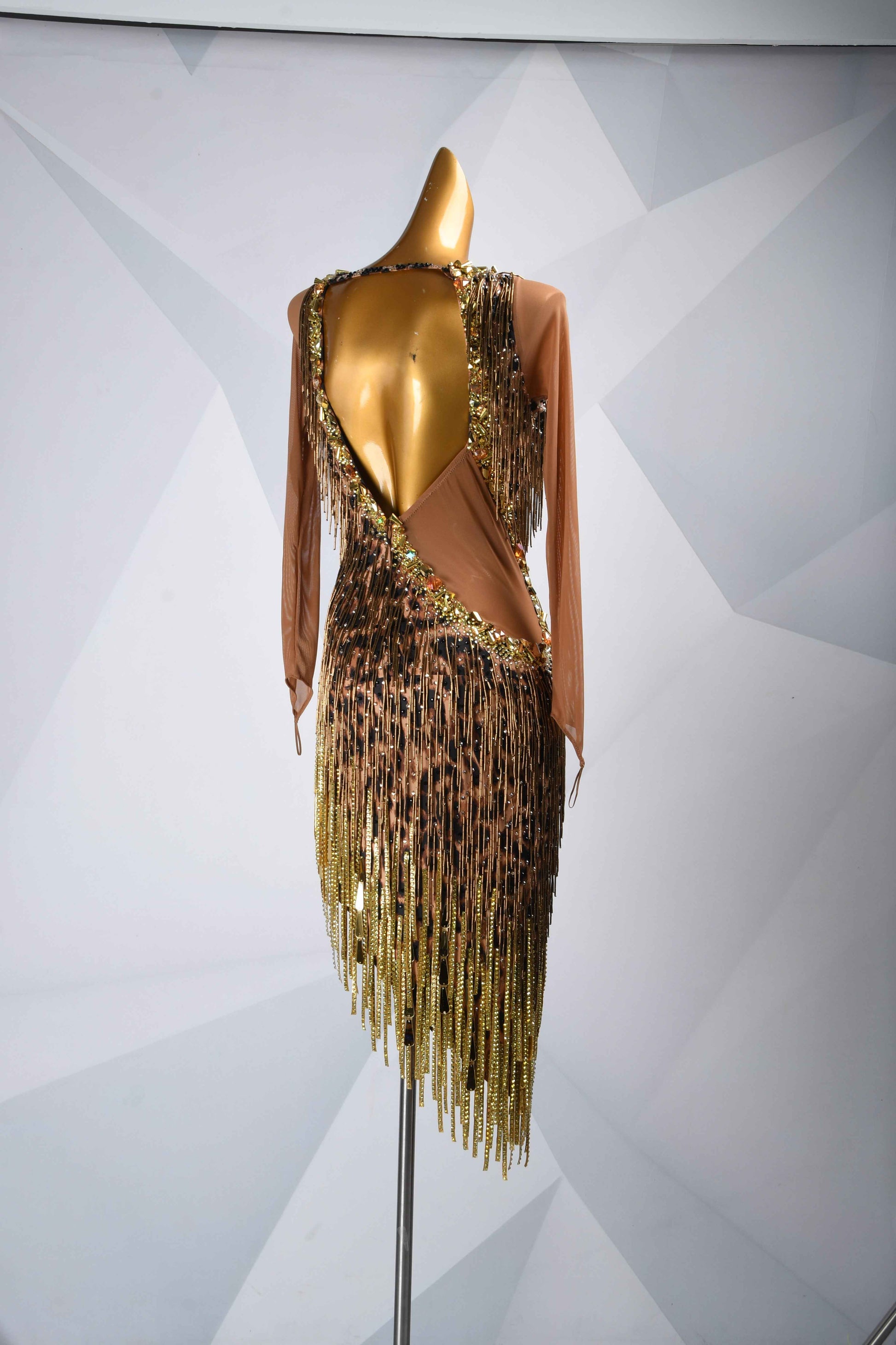 MINEJAS.L5965 Leopard Print Gold Fringe Latin Dress