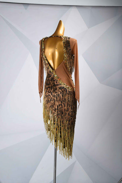 MINEJAS.L5965 Leopard Print Gold Fringe Latin Dress