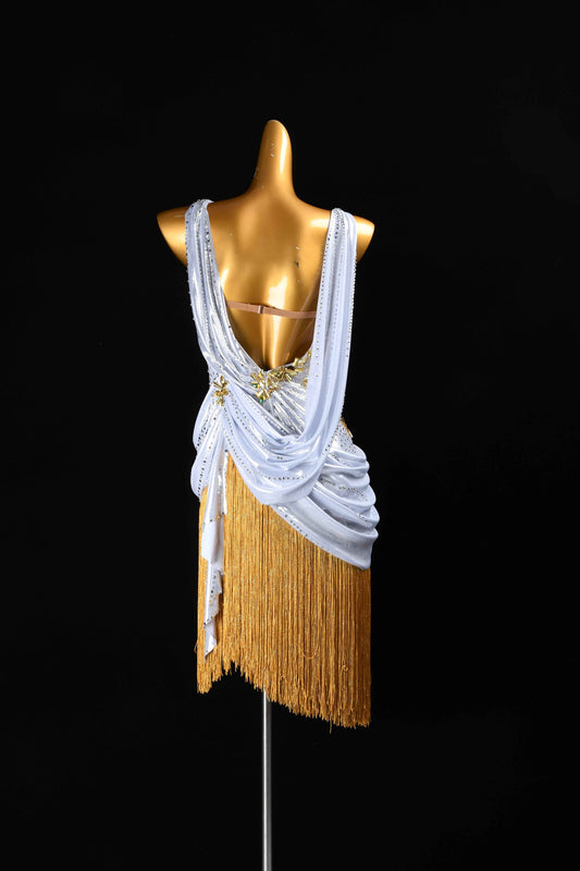 MINEJAS.L98 Silver Gold Fringe Latin Salsa Dance Costume