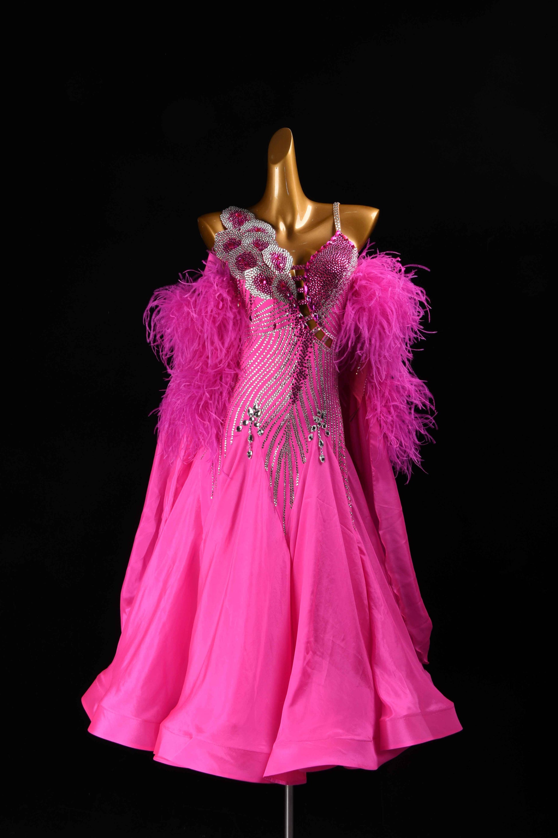MINEJAS.B382 Hot Pink Feather Japanese Fabric Ballroom Competition Dress