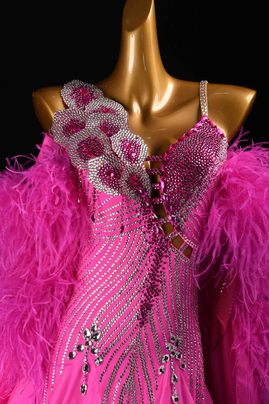 MINEJAS.B382 Hot Pink Feather Japanese Fabric Ballroom Competition Dress