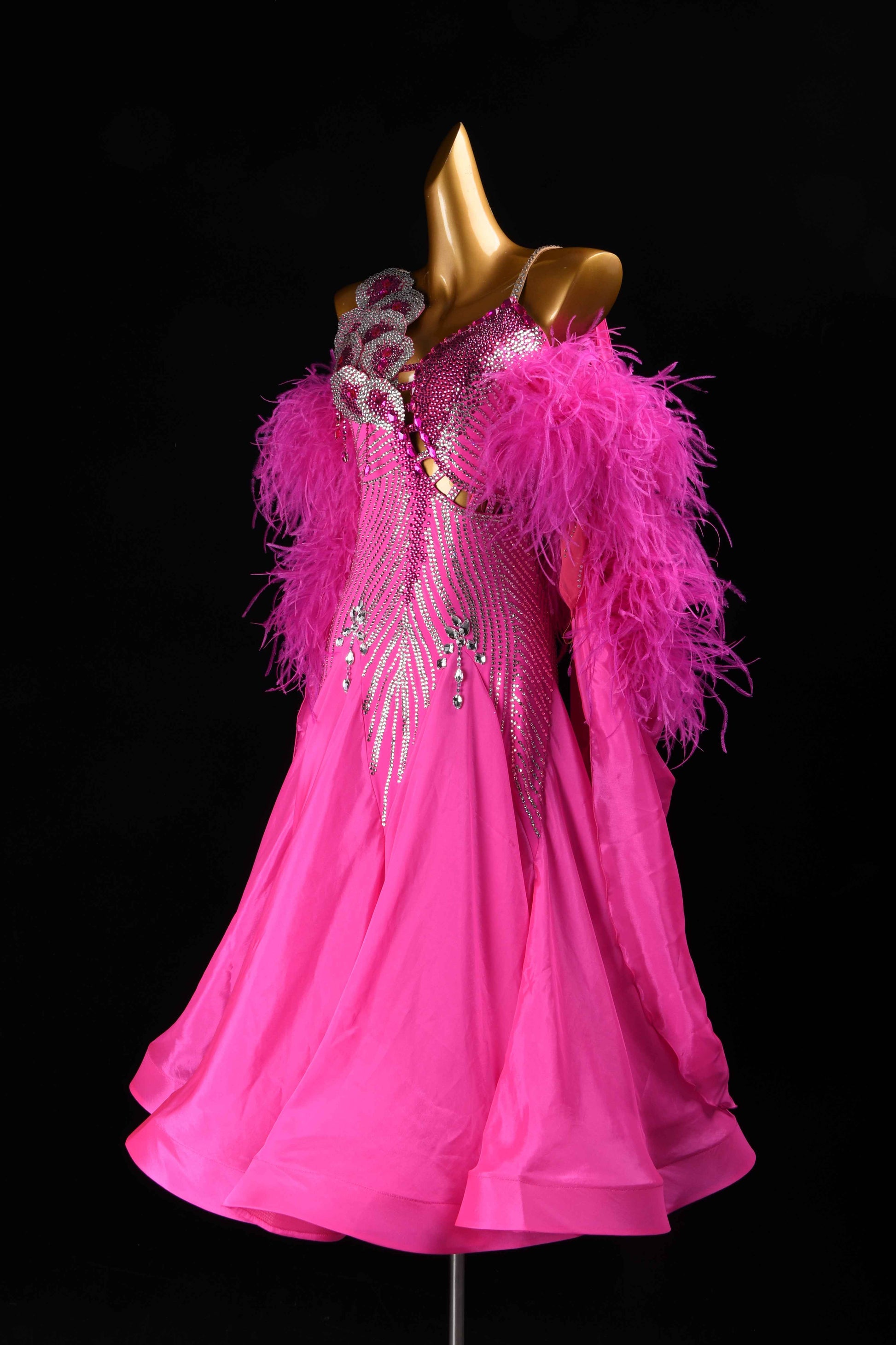 MINEJAS.B382 Hot Pink Feather Japanese Fabric Ballroom Competition Dress