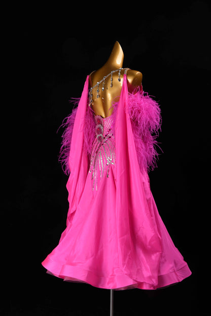 MINEJAS.B382 Hot Pink Feather Japanese Fabric Ballroom Competition Dress