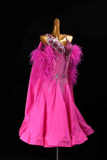 MINEJAS.B382 Hot Pink Feather Japanese Fabric Ballroom Competition Dress