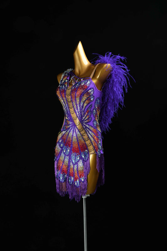MINEJAS.L385 Purple Feather Butterfly Latin Dance Dress