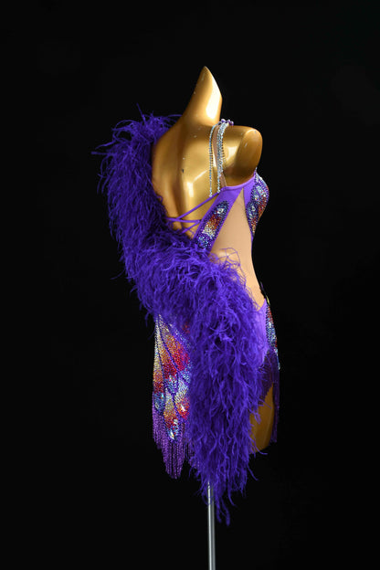 MINEJAS.L385 Purple Feather Butterfly Latin Dance Dress