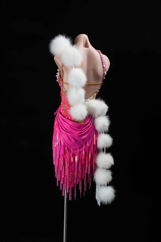 MINEJAS.L99 Hot Pink Fur Latin Bachata Dance Dress
