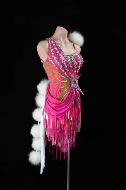 MINEJAS.L99 Hot Pink Fur Latin Bachata Dance Dress