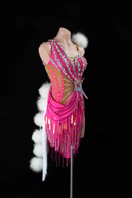 MINEJAS.L99 Hot Pink Fur Latin Bachata Dance Dress