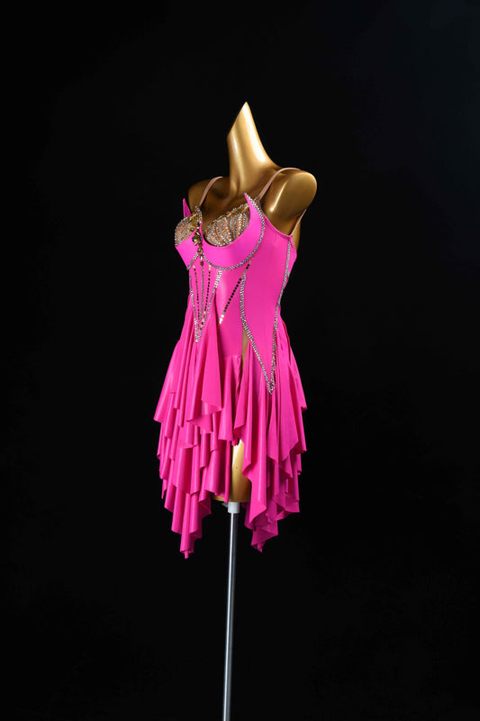 MINEJAS.L074 Hot Pink Ruffle Latin Salsa Competition Gown