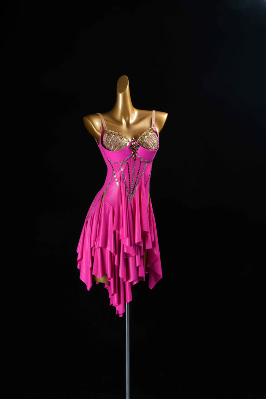 MINEJAS.L074 Hot Pink Ruffle Latin Salsa Competition Gown
