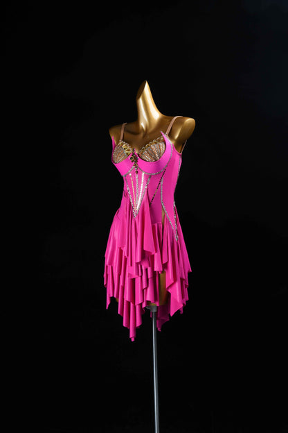 MINEJAS.L074 Hot Pink Ruffle Latin Salsa Competition Gown