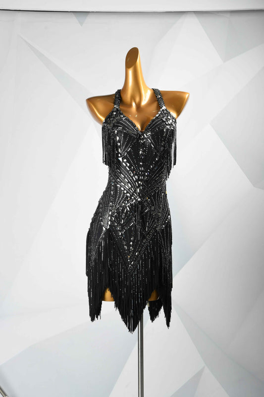 MINEJAS.L100 Black Rhinestone Fringe Latin Competition Gown