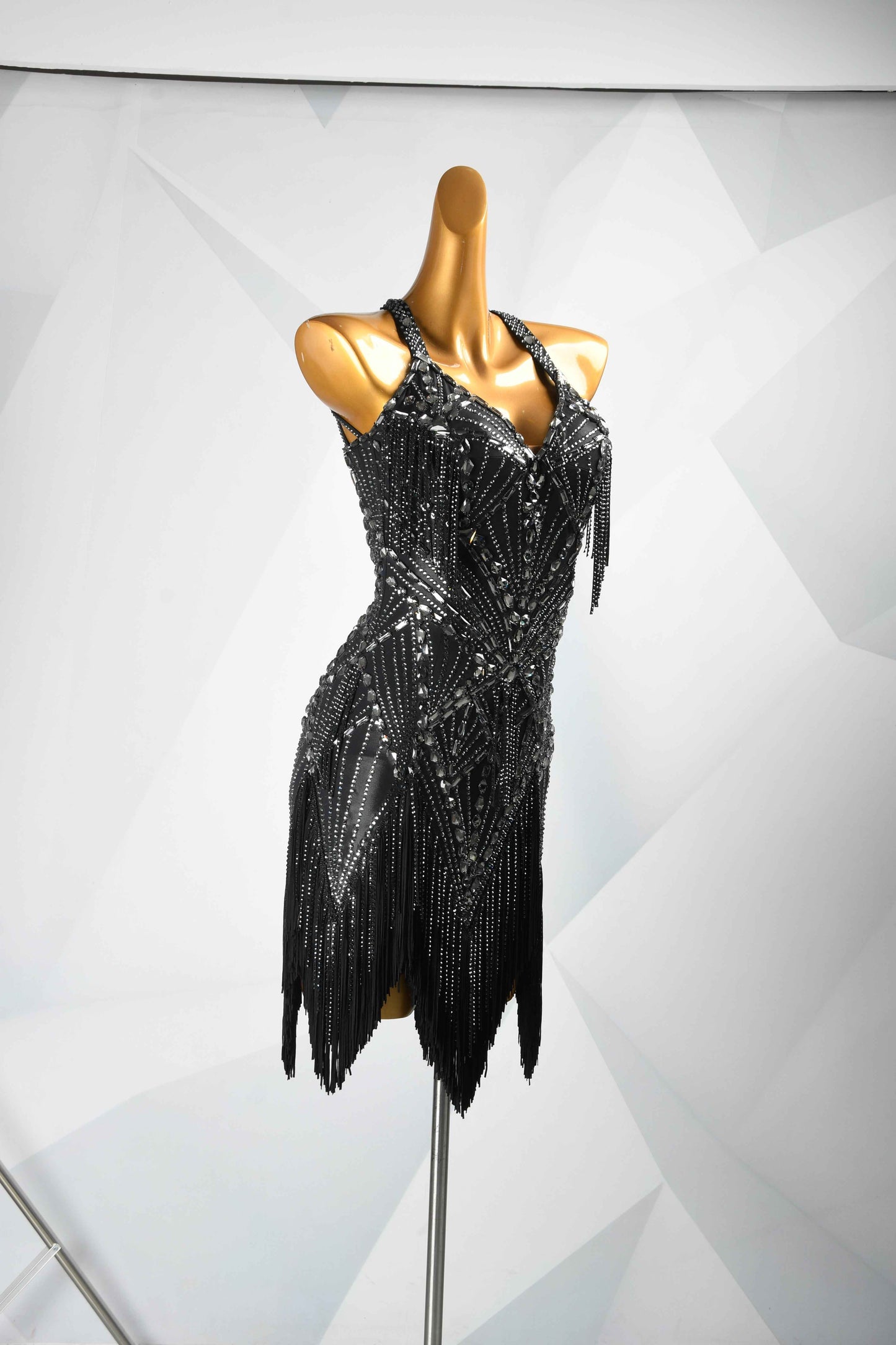 MINEJAS.L100 Black Rhinestone Fringe Latin Competition Gown
