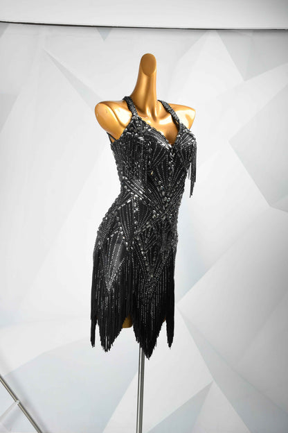 MINEJAS.L100 Black Rhinestone Fringe Latin Competition Gown