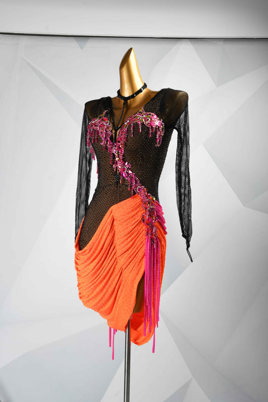 MINEJAS.L102 Black Orange Mesh Latin Performance Dance Gown
