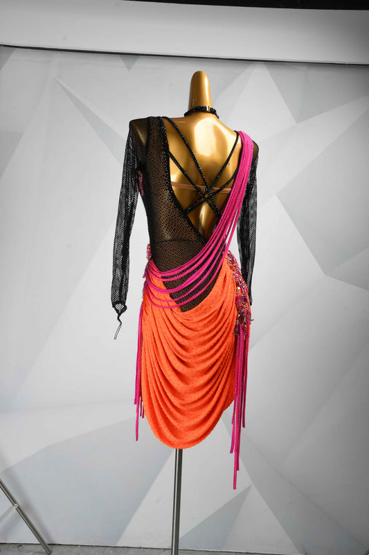 MINEJAS.L102 Black Orange Mesh Latin Performance Dance Gown