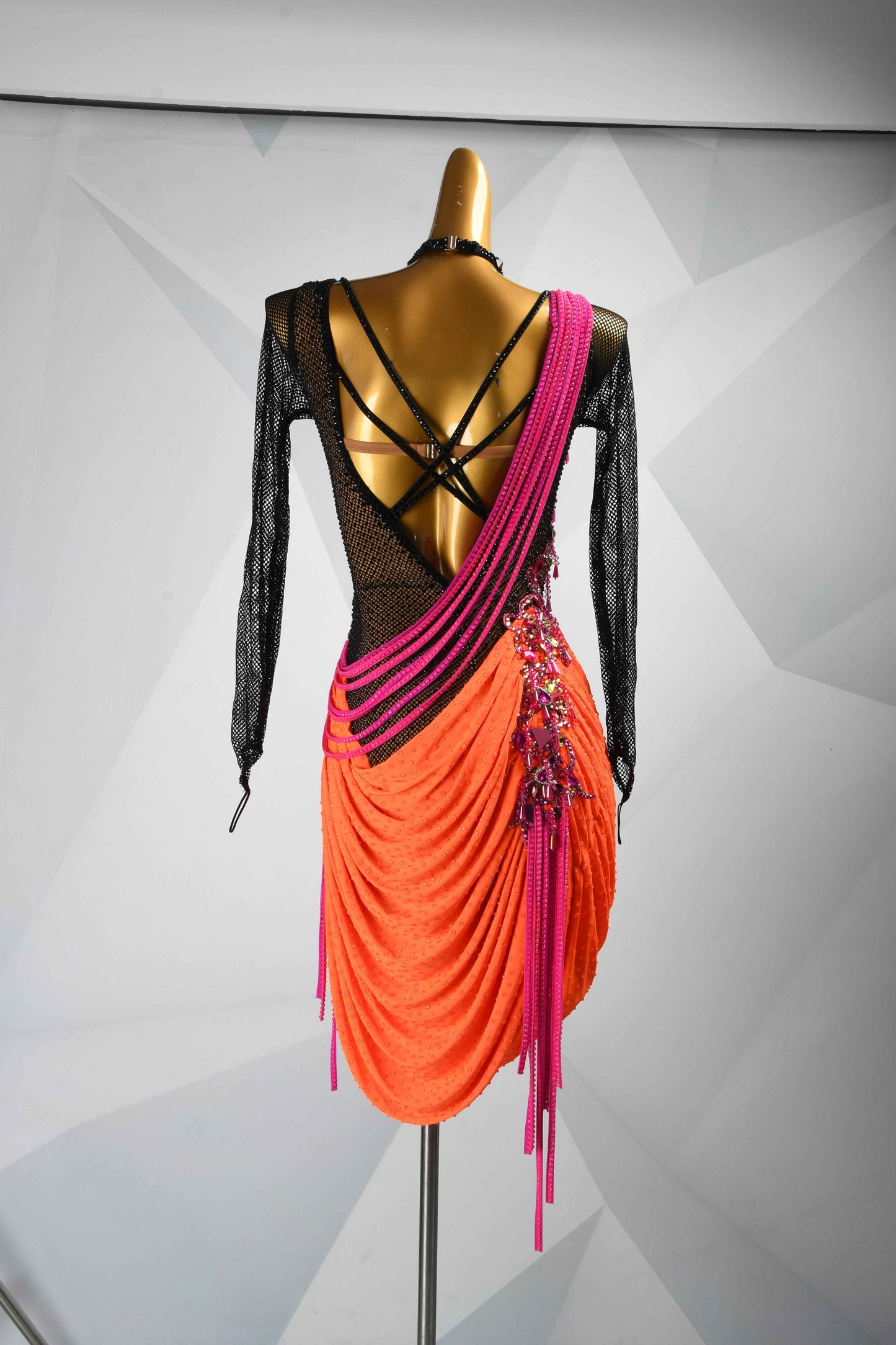 MINEJAS.L102 Black Orange Mesh Latin Performance Dance Gown