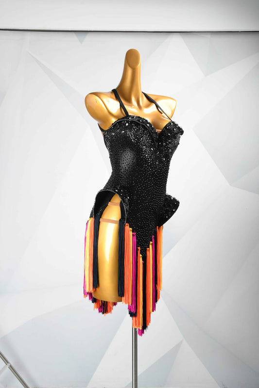 MINEJAS.L104 Black Multicolor Fringe Latin Dance Costume