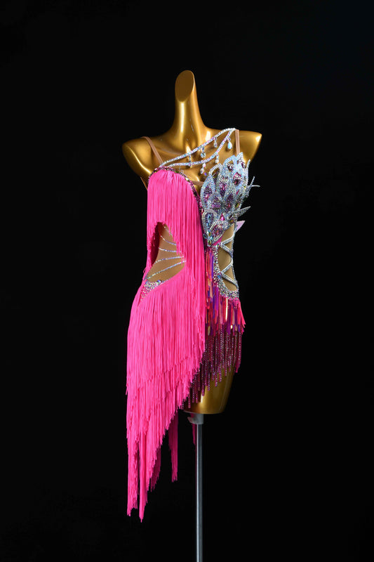 MINEJAS.L076 Pink Peacock Fringe Latin Dance Costume