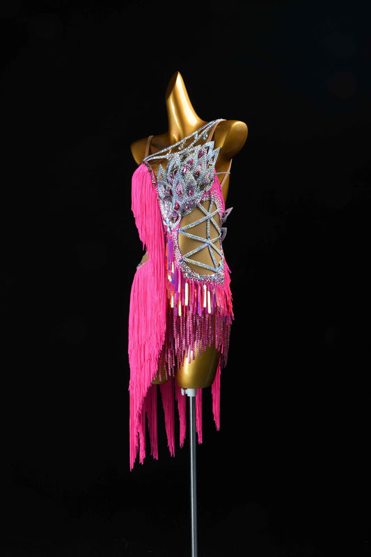 MINEJAS.L076 Pink Peacock Fringe Latin Dance Costume