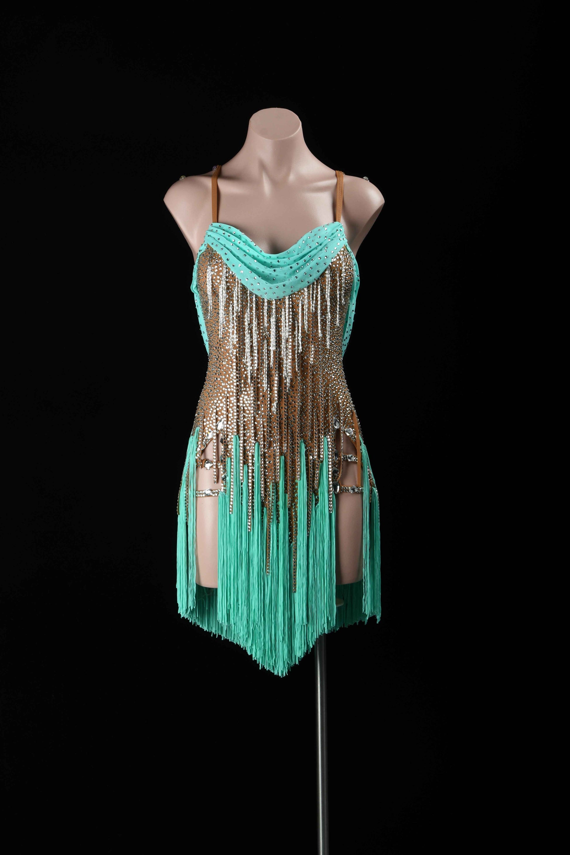 MINEJAS.L7612 Mint Green Fringe Latin Performance Costume