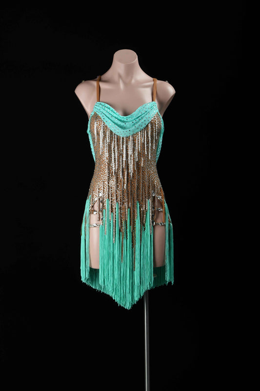 MINEJAS.L7612 Mint Green Fringe Latin Performance Costume