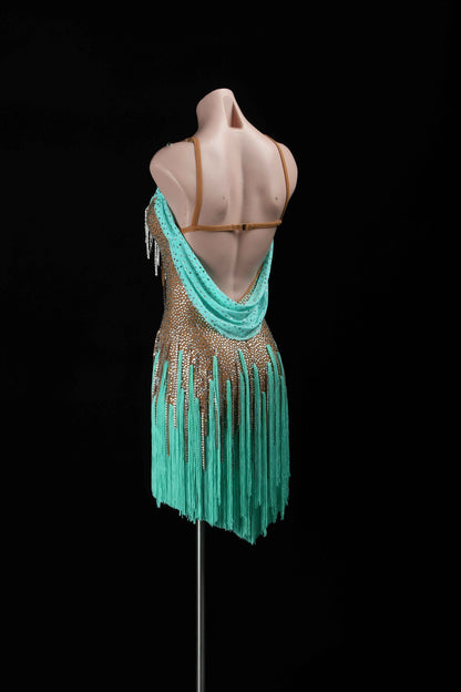 MINEJAS.L7612 Mint Green Fringe Latin Performance Costume