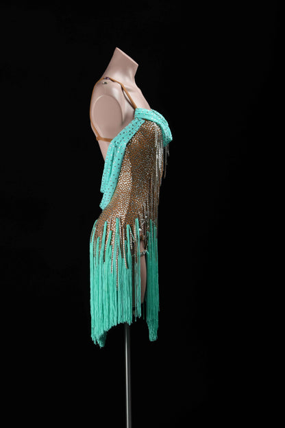MINEJAS.L7612 Mint Green Fringe Latin Performance Costume