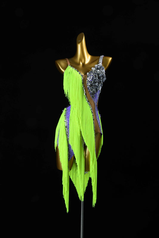 MINEJAS.L077 Neon Green Purple Latin Bachata Dance Dress