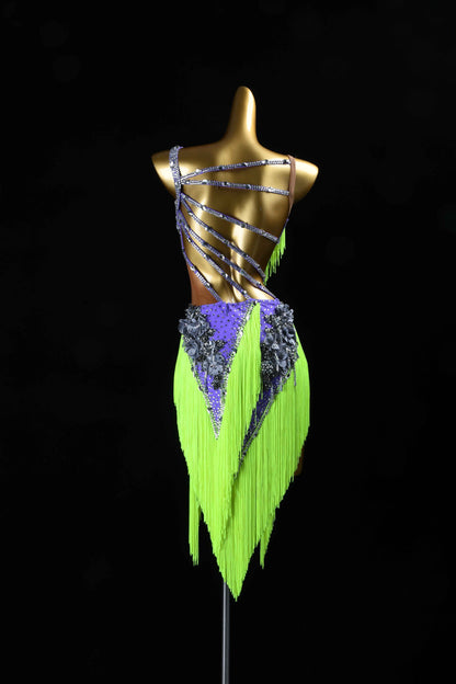 MINEJAS.L077 Neon Green Purple Latin Bachata Dance Dress