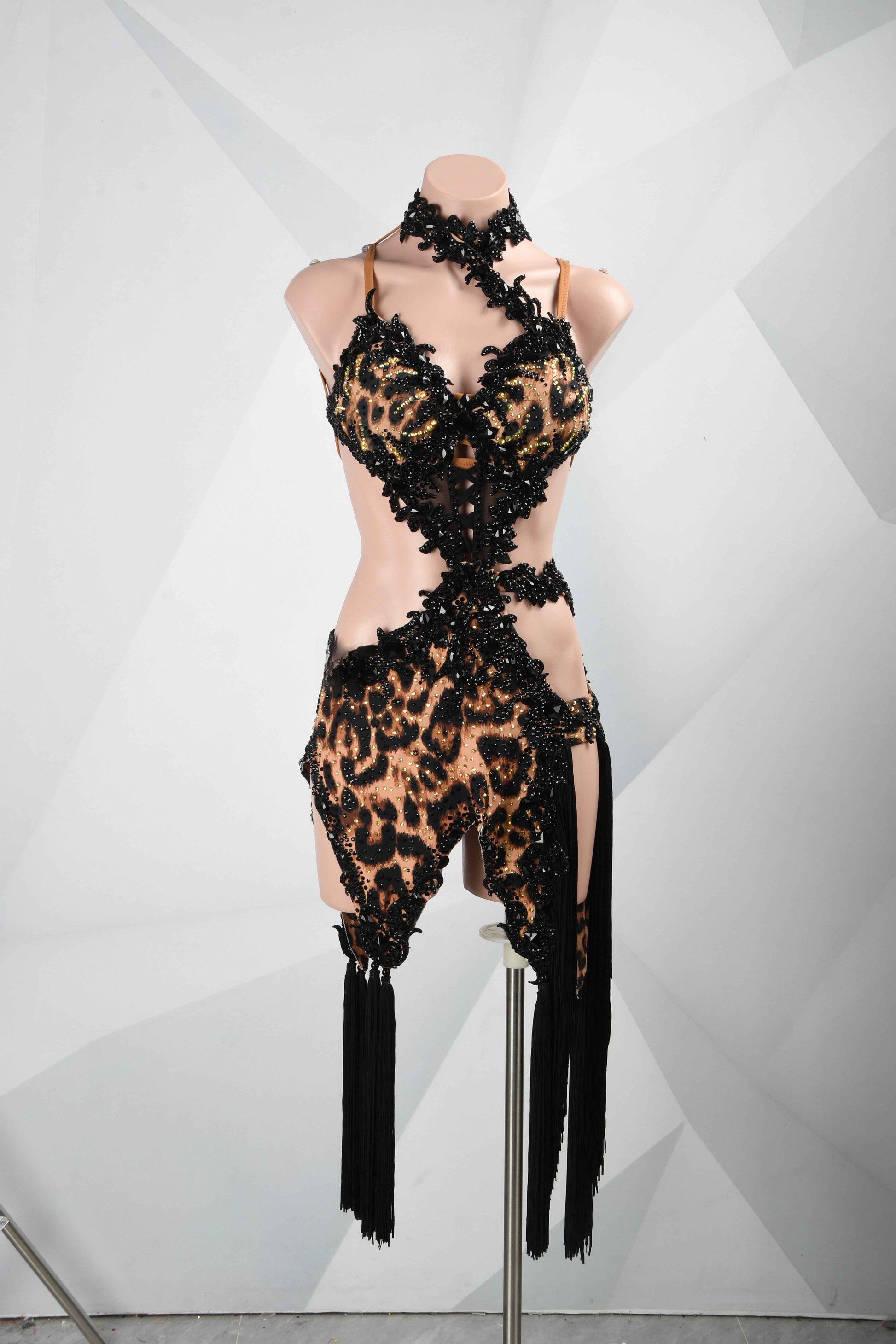 MINEJAS.L106 Leopard Print Backless Latin Competition Gown