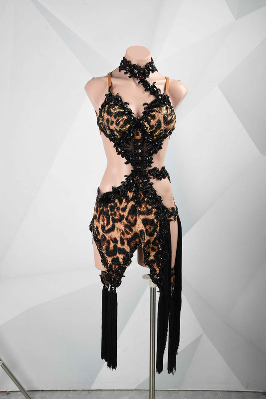 MINEJAS.L106 Leopard Print Backless Latin Competition Gown