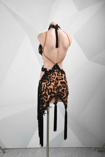 MINEJAS.L106 Leopard Print Backless Latin Competition Gown