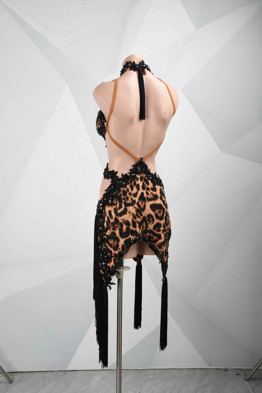 MINEJAS.L106 Leopard Print Backless Latin Competition Gown