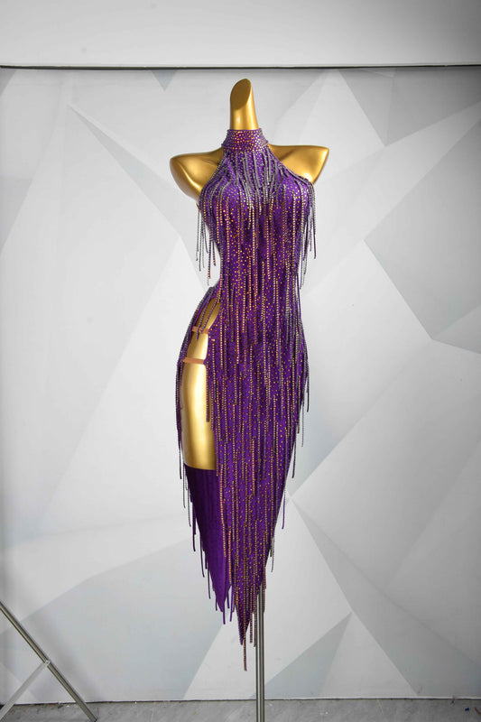 MINEJAS.L078 Purple Fringe Halter Latin Competition Gown