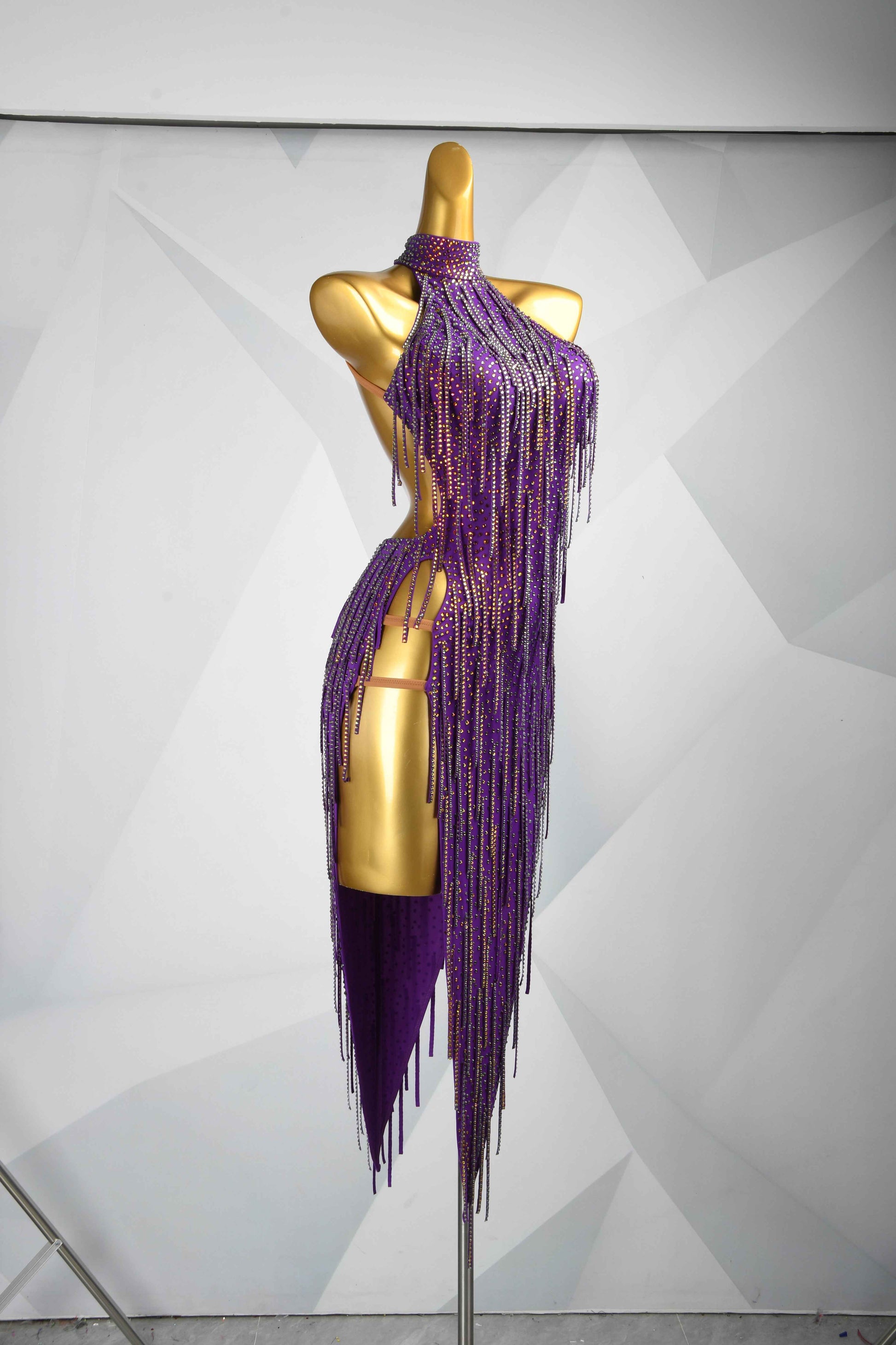 MINEJAS.L078 Purple Fringe Halter Latin Competition Gown