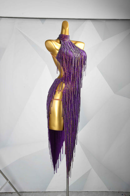 MINEJAS.L078 Purple Fringe Halter Latin Competition Gown