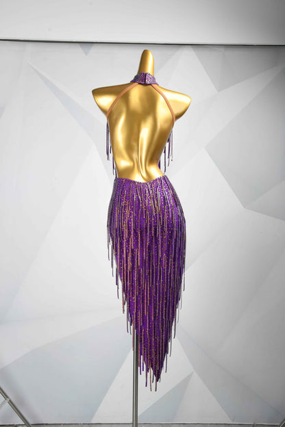 MINEJAS.L078 Purple Fringe Halter Latin Competition Gown