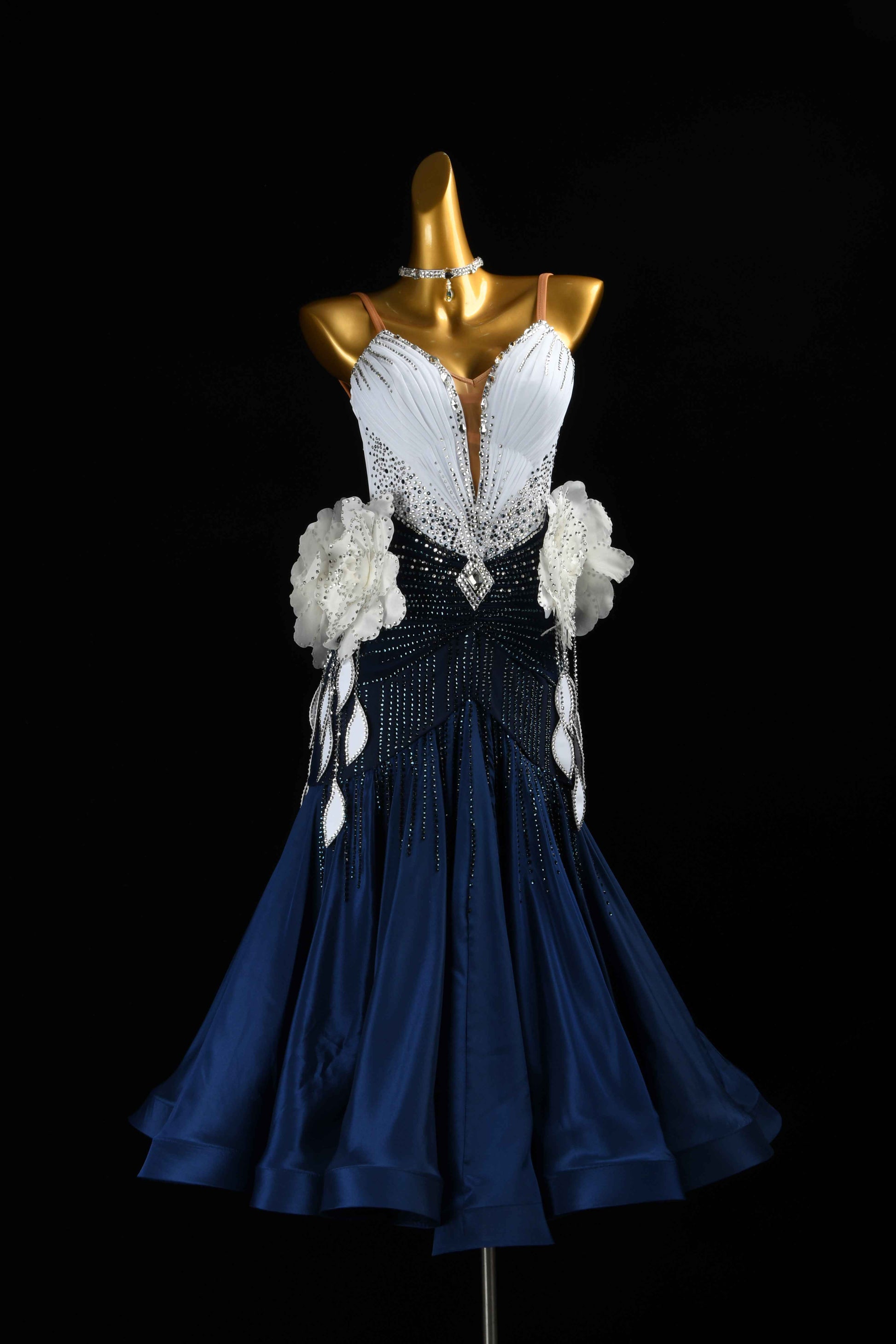 MINEJAS.B413 Navy White Floral Japanese Fabric Ballroom Performance Gown