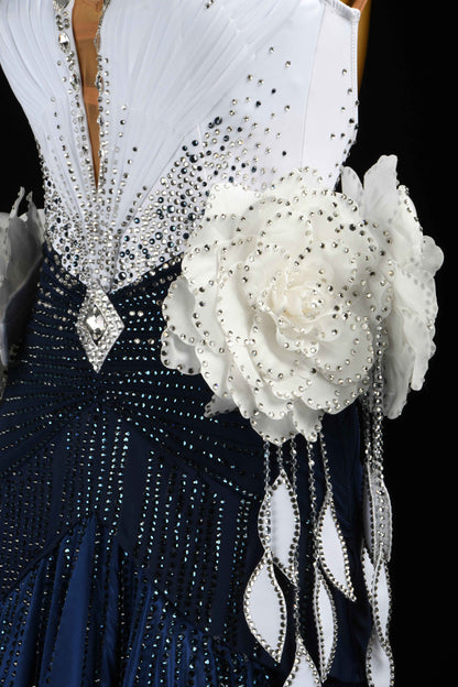 MINEJAS.B413 Navy White Floral Japanese Fabric Ballroom Performance Gown