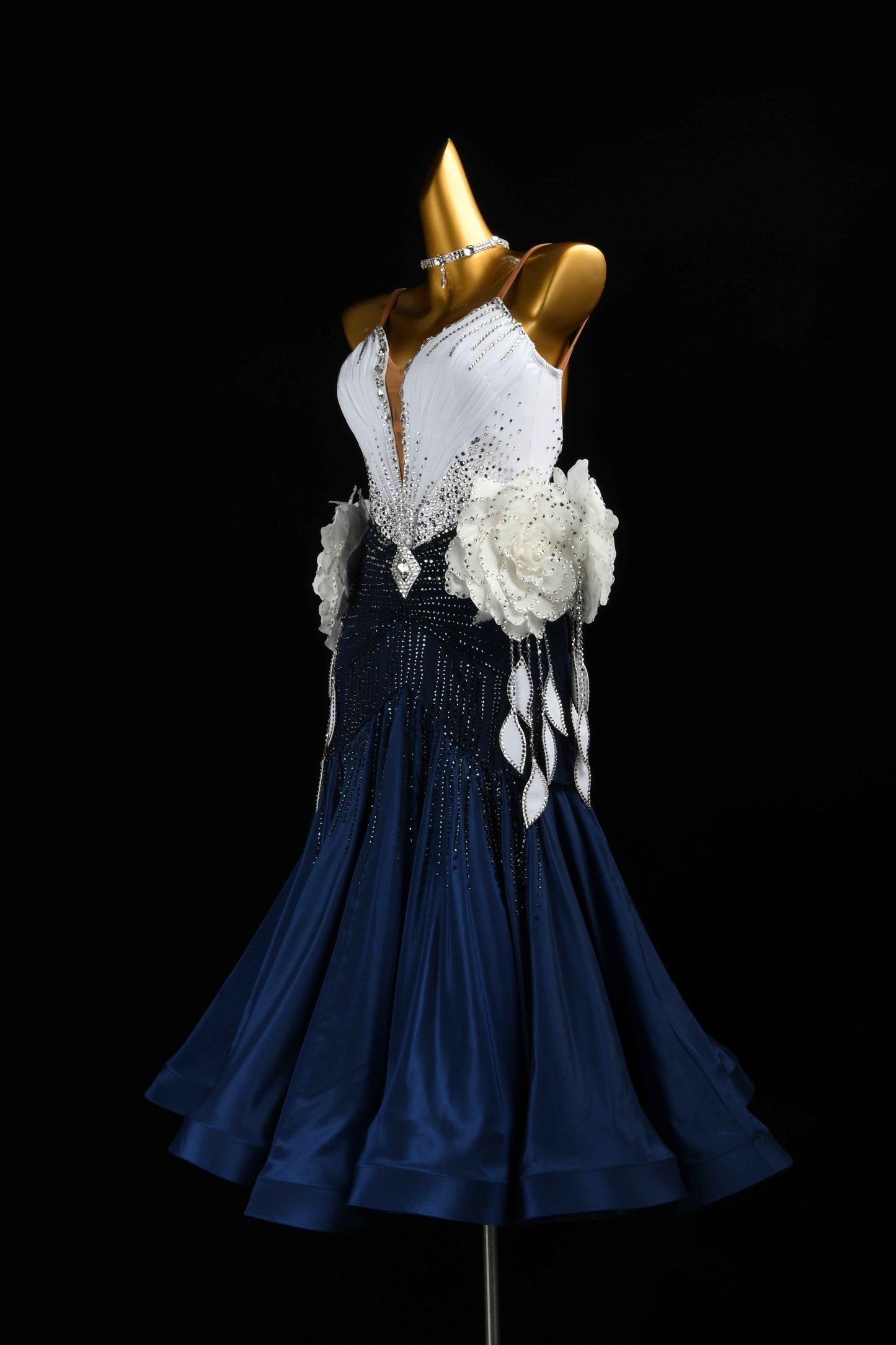 MINEJAS.B413 Navy White Floral Japanese Fabric Ballroom Performance Gown