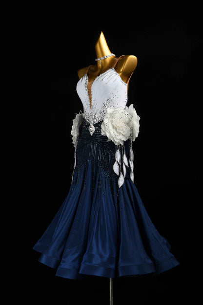 MINEJAS.B413 Navy White Floral Japanese Fabric Ballroom Performance Gown