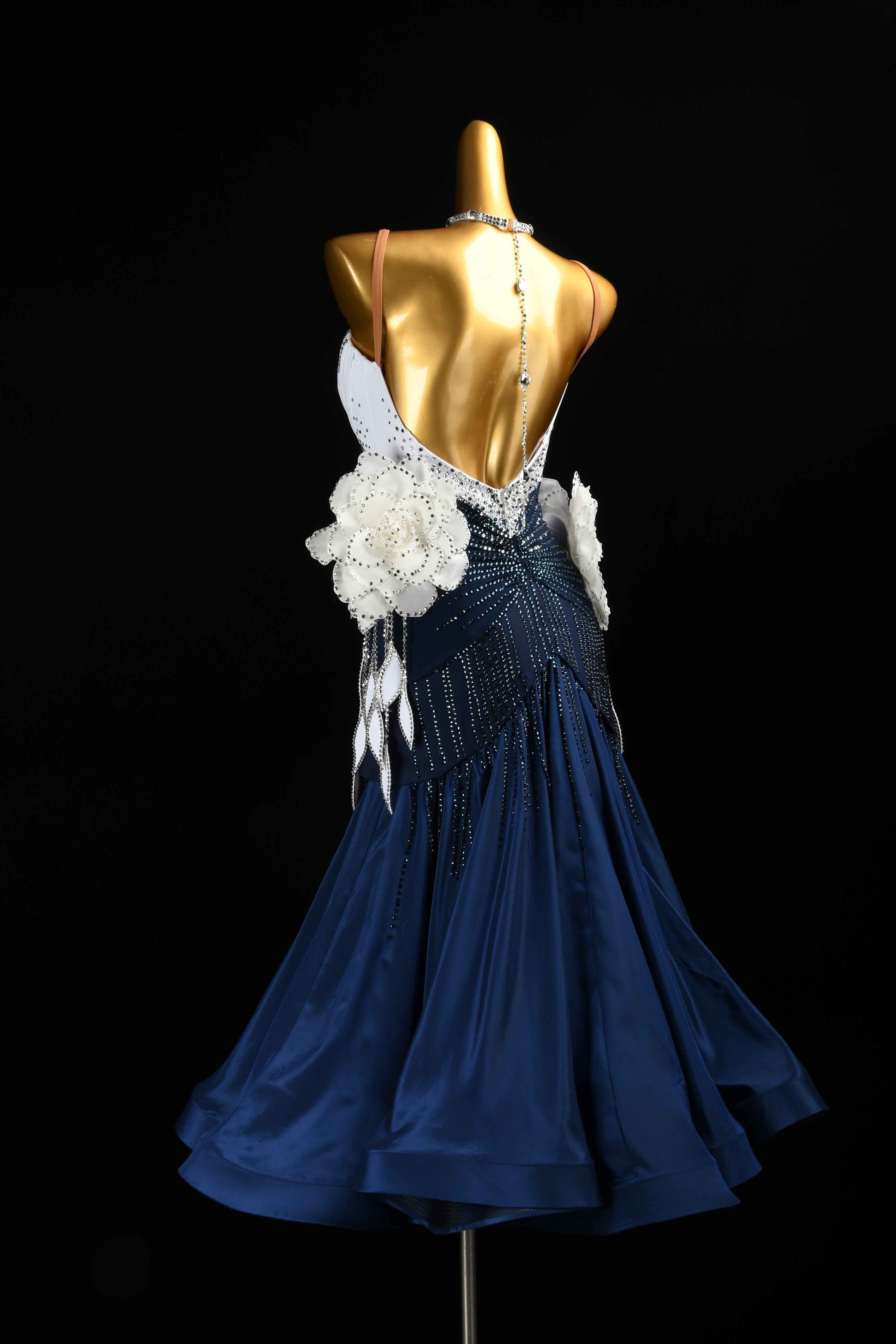 MINEJAS.B413 Navy White Floral Japanese Fabric Ballroom Performance Gown