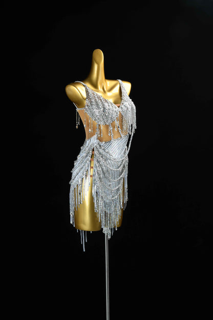 MINEJAS.L414 Silver AB Rhinestone Latin Dance Gown