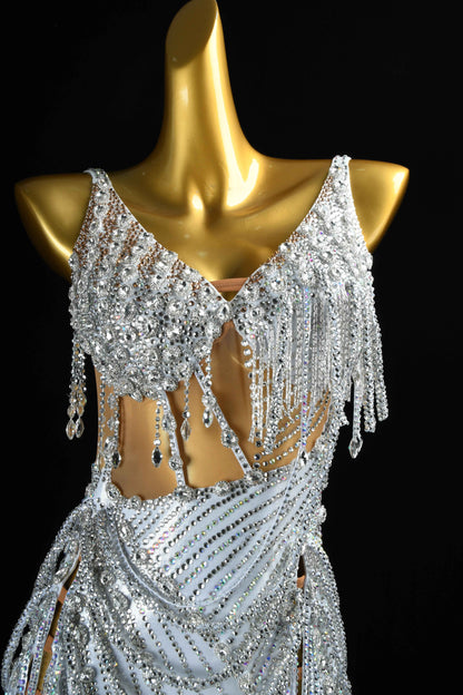 MINEJAS.L414 Silver AB Rhinestone Latin Dance Gown