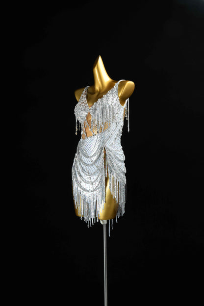 MINEJAS.L414 Silver AB Rhinestone Latin Dance Gown
