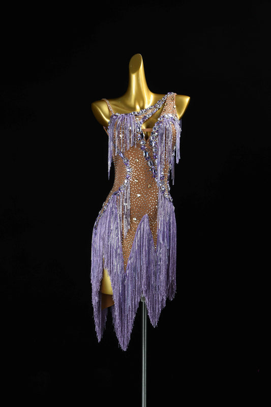 MINEJAS.L079 Lavender Rhinestone Fringe Latin Dance Dress
