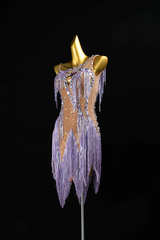 MINEJAS.L079 Lavender Rhinestone Fringe Latin Dance Dress