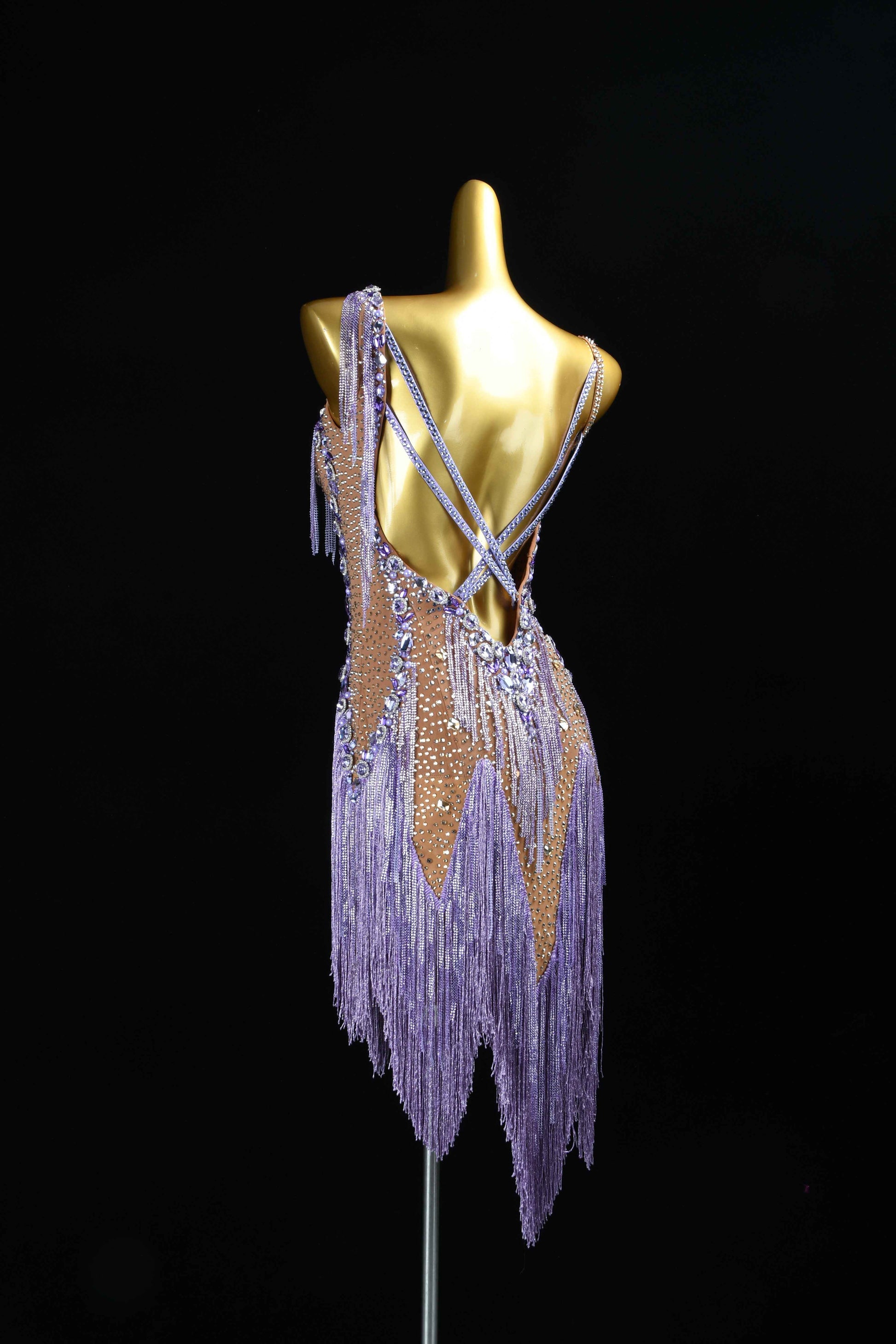 MINEJAS.L079 Lavender Rhinestone Fringe Latin Dance Dress